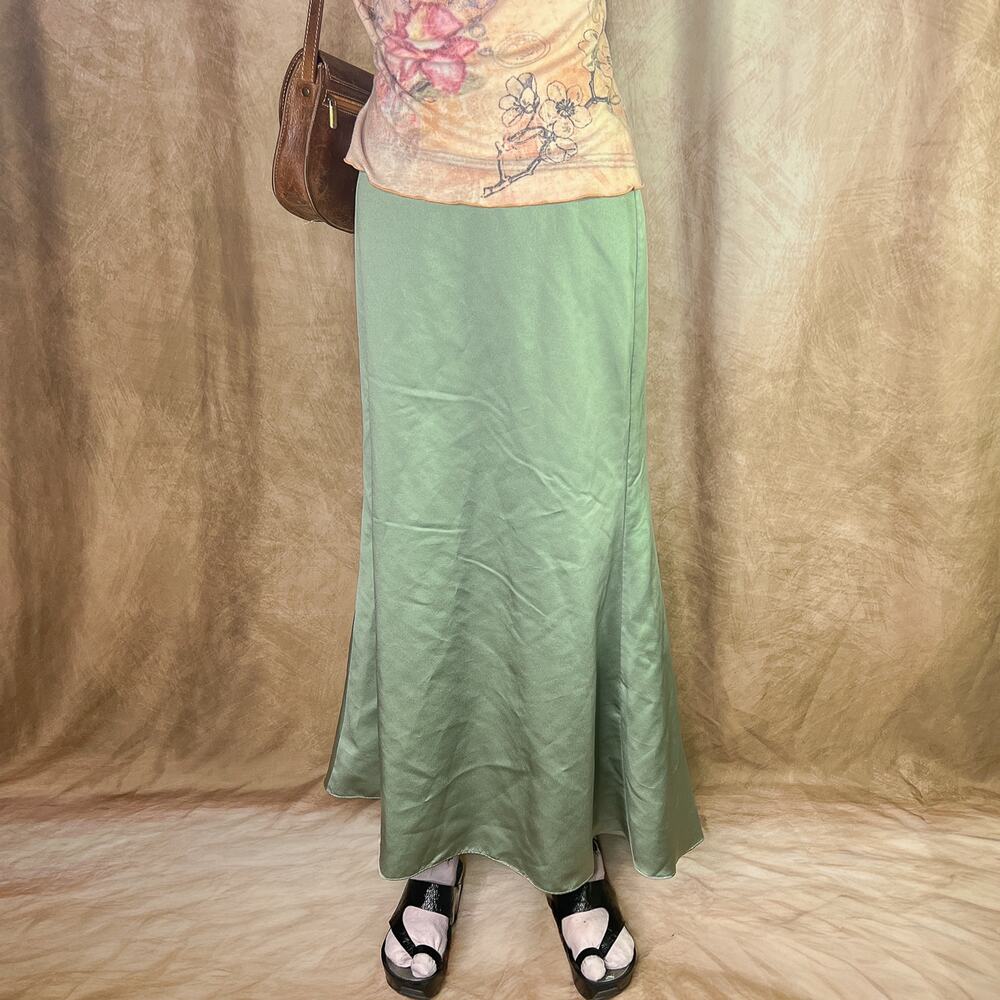 Green Satin Flared Maxi Trumpet Skirt Flowy Fairy Formal Party Wedding Easter